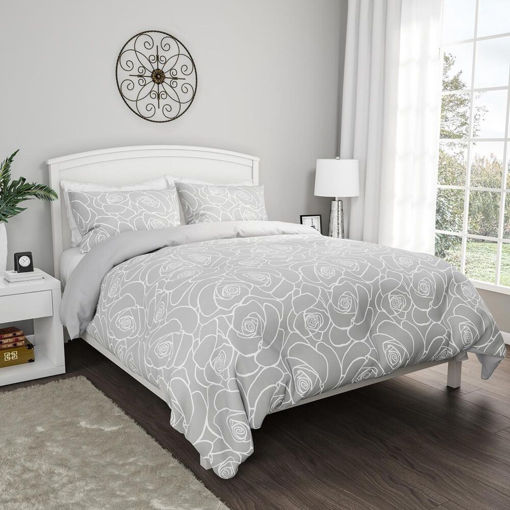Timberlake Lavish Home 3-Piece King Bed of Roses Comforter Set in Rose Print &amp; Soft Gray, , large