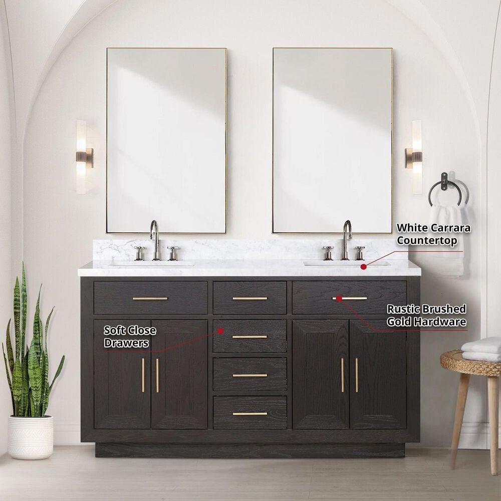 Lexora Home Abbey 60&quot; Double Bathroom Vanity in Black Oak with 2 cm White Carrara Marble Top and Rectangular Sinks, , large