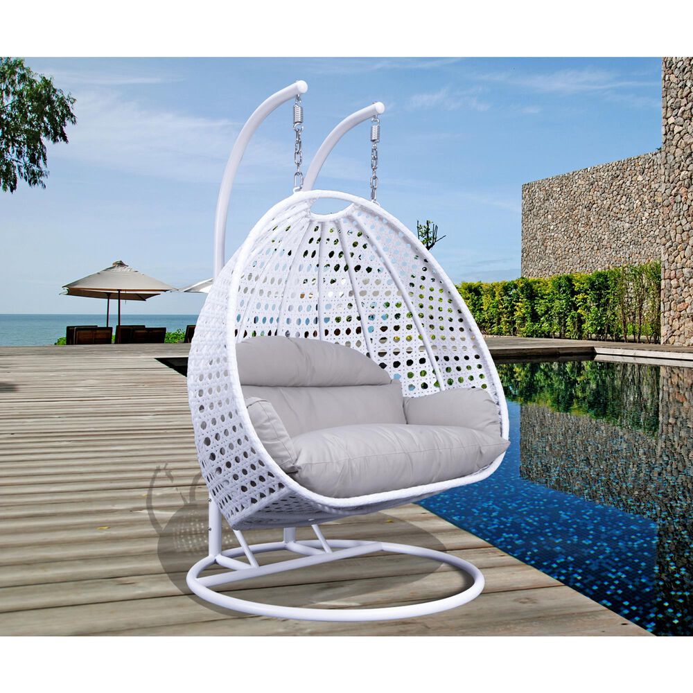 Leisuremod 57&quot; Patio 2-Seat Hanging Egg Swing Chair with Taupe Cushion in White, , large