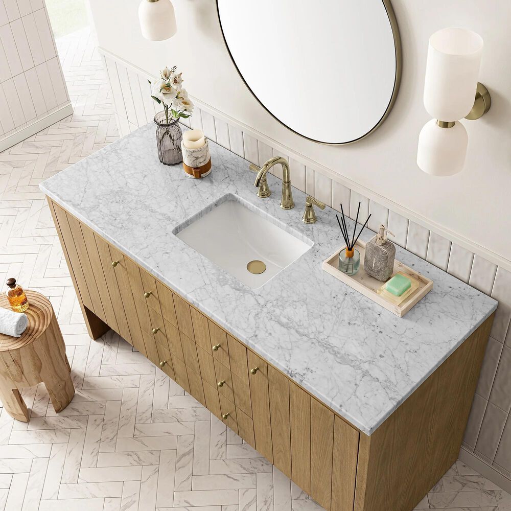 James Martin Vanities Hudson 60&quot; Single Bathroom Vanity in Light Natural Oak with 3 cm Carrara White Marble Top and Rectangular Sink, , large