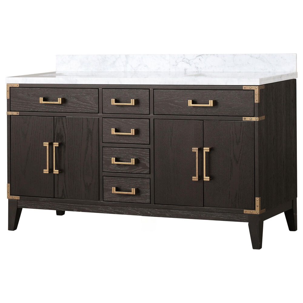 Lexora Home Laurel 60" Double Bathroom Vanity in Brown Oak with White Carrara Marble Top and Rectangular Sinks, , large