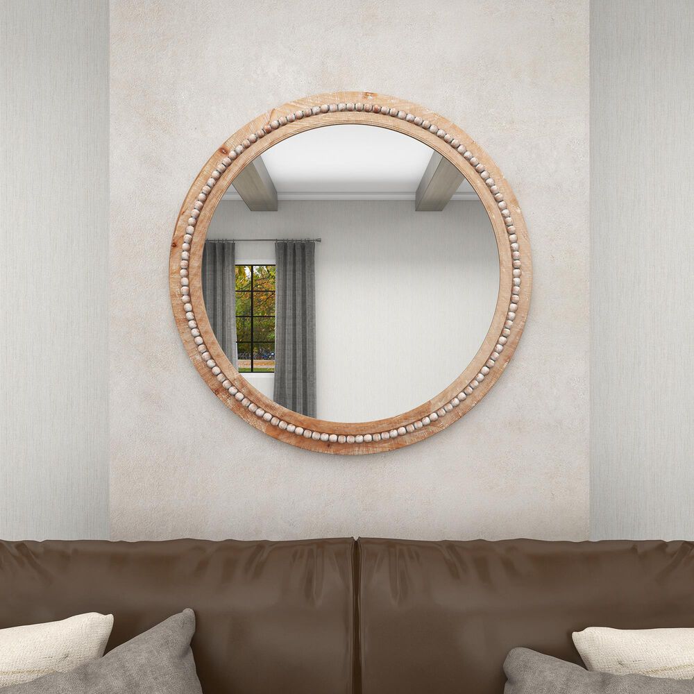 Maple and Jade 36&quot; Bohemian Wall Mirror with Beaded Frame in Distressed Light Brown and White, , large