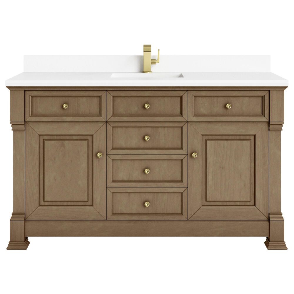 James Martin Vanities Brookfield 60&quot; Single Bathroom Vanity in Pecan with Single Hole 3 cm White Zeus Quartz Top and Rectangular Sink, , large