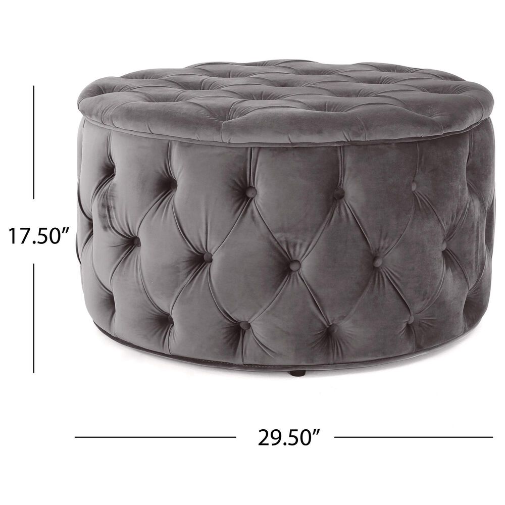 Noble House Aaden Tufted Ottoman in Gray Velvet, , large