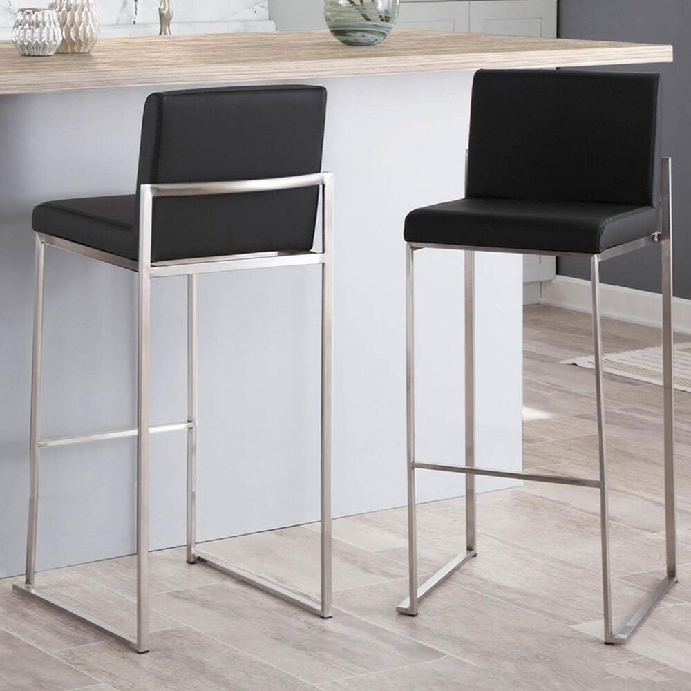 Lumisource Fuji High Back Barstool with Black Faux Leather in Stainless Steel &#40;Set of 2&#41;, , large