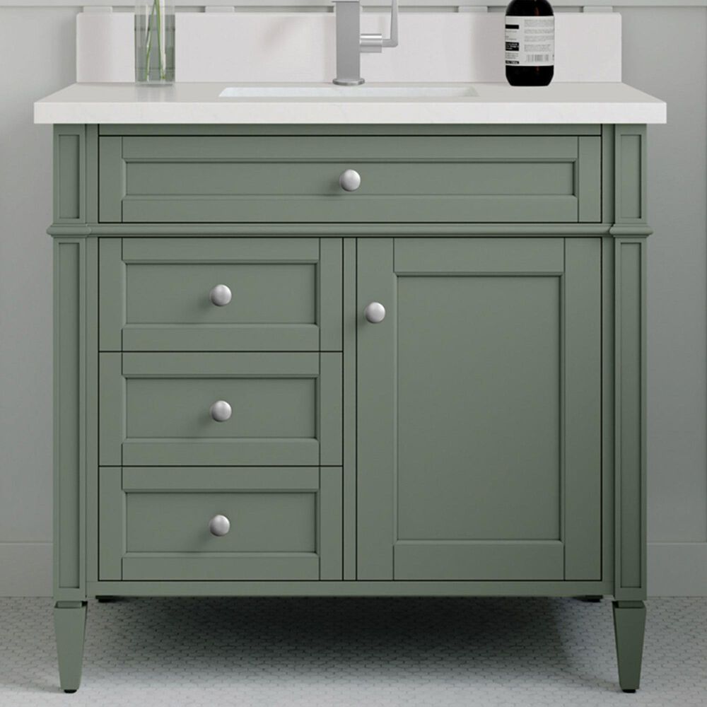 James Martin Vanities Brittany 36" Single Bathroom Vanity in Smokey Celadon with Single Hole 3 cm White Zeus Quartz Top and Rectangular Sink, , large