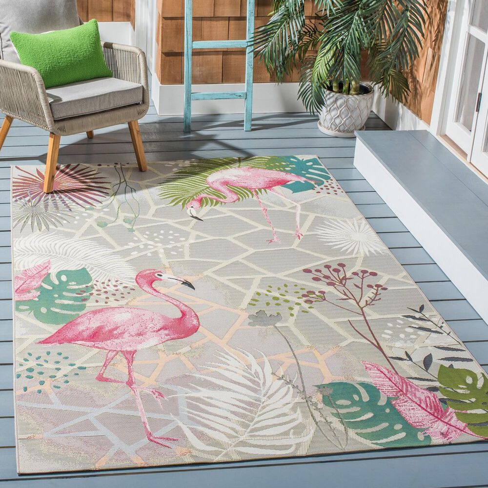 Safavieh Barbados Tropical Flamingo 3&#39;3&quot; x 5&#39; Grey and Pink Indoor/Outdoor Area Rug, , large