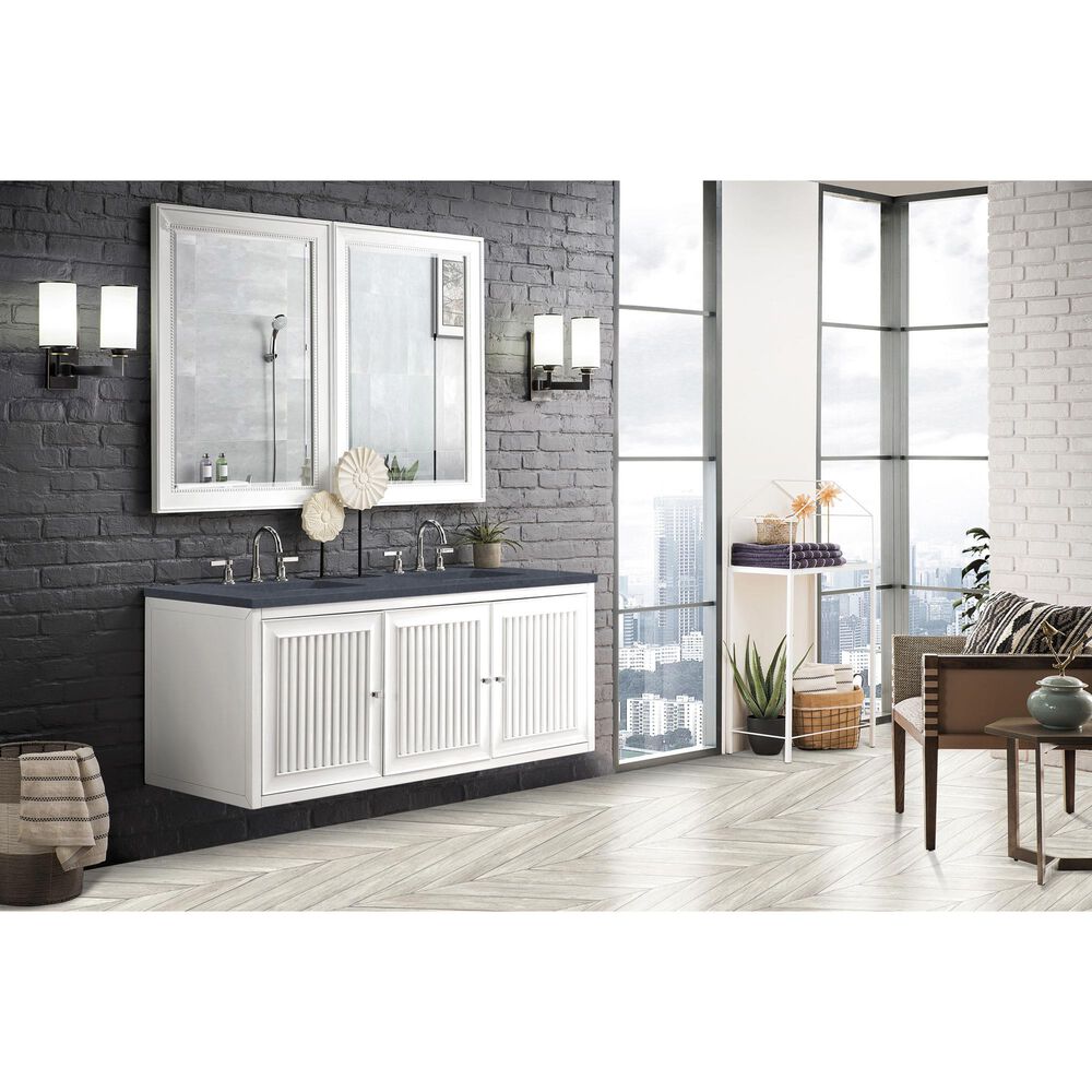 James Martin Vanities Athens 60&quot; Double Bathroom Vanity in Glossy White with 3 cm Charcoal Soapstone Quartz Top and Rectangular Sinks, , large