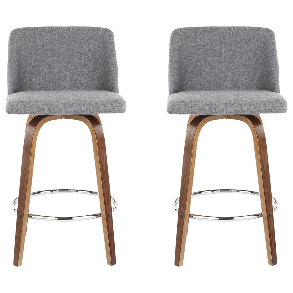 LumiSource Toriano Swivel Counter Stool with Grey Fabric Upholstery in Walnut and Chrome (Set of 2), , large