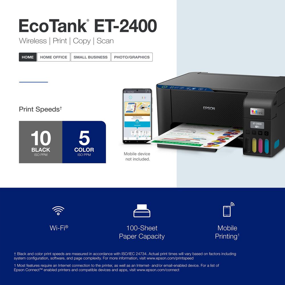 Epson EcoTank ET-2400 Wireless All-in-One Cartridge-Free Supertank Printer with Scan and Copy in Black, , large