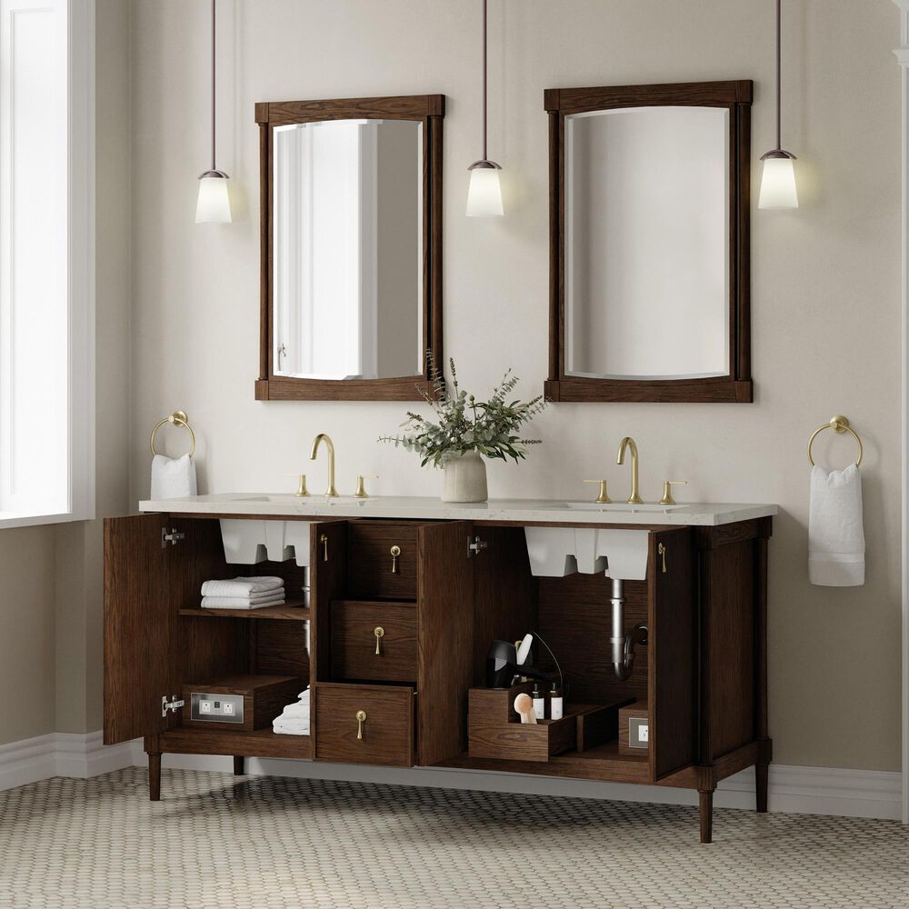 James Martin Kinnsden 72" Double Bathroom Vanity in Sable Oak with 3 cm Siberian Silestone Top and Rectangular Sinks, , large