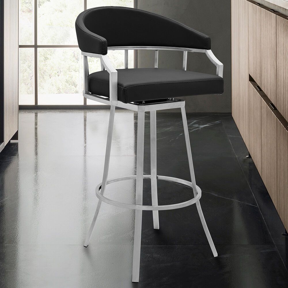Blue River Palmdale 26&quot; Swivel Counter Stool with Black Seat in Brushed Stainless Steel, , large