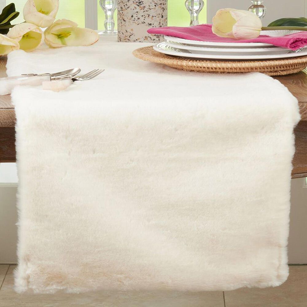 Saro Faux Fur Rabbit Table Runner in Ivory, , large