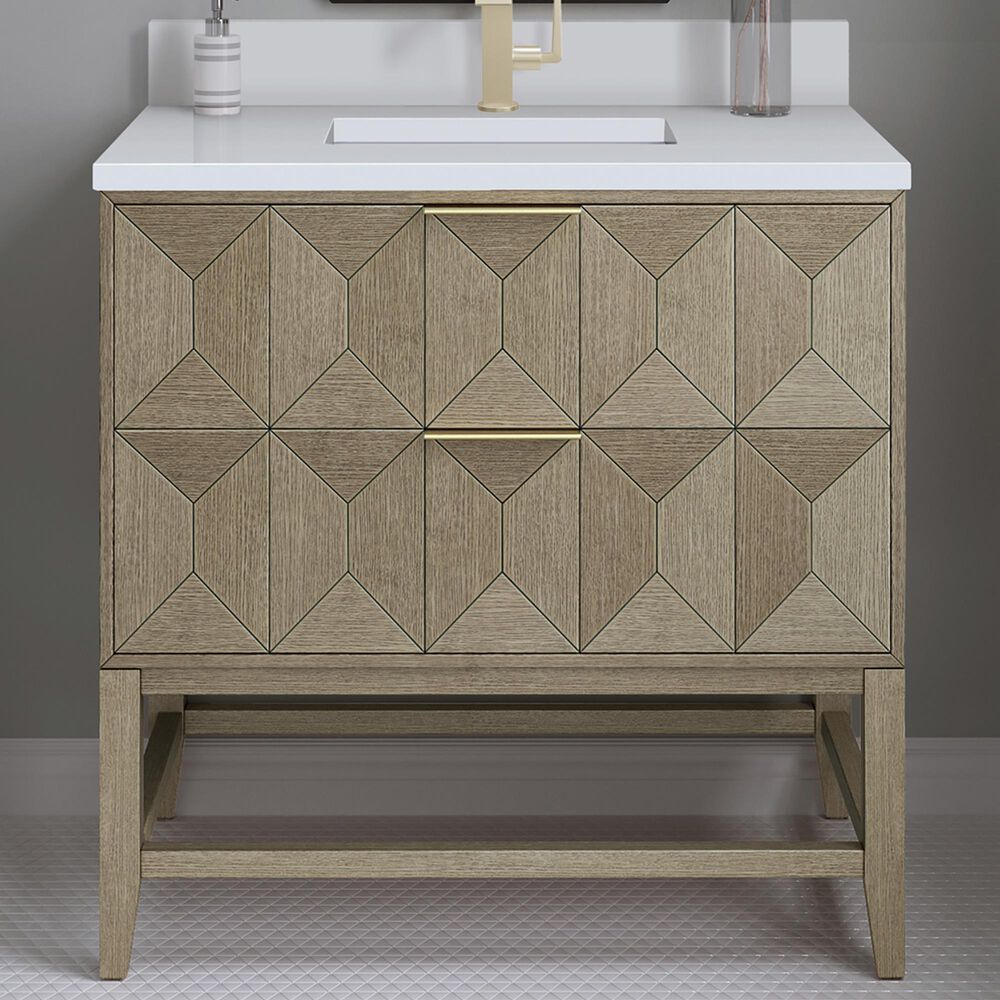 James Martin Vanities Emmeline 36" Single Bathroom Vanity in Pebble Oak with Single Hole 3 cm White Zeus Quartz Top and Rectangular Sink, , large