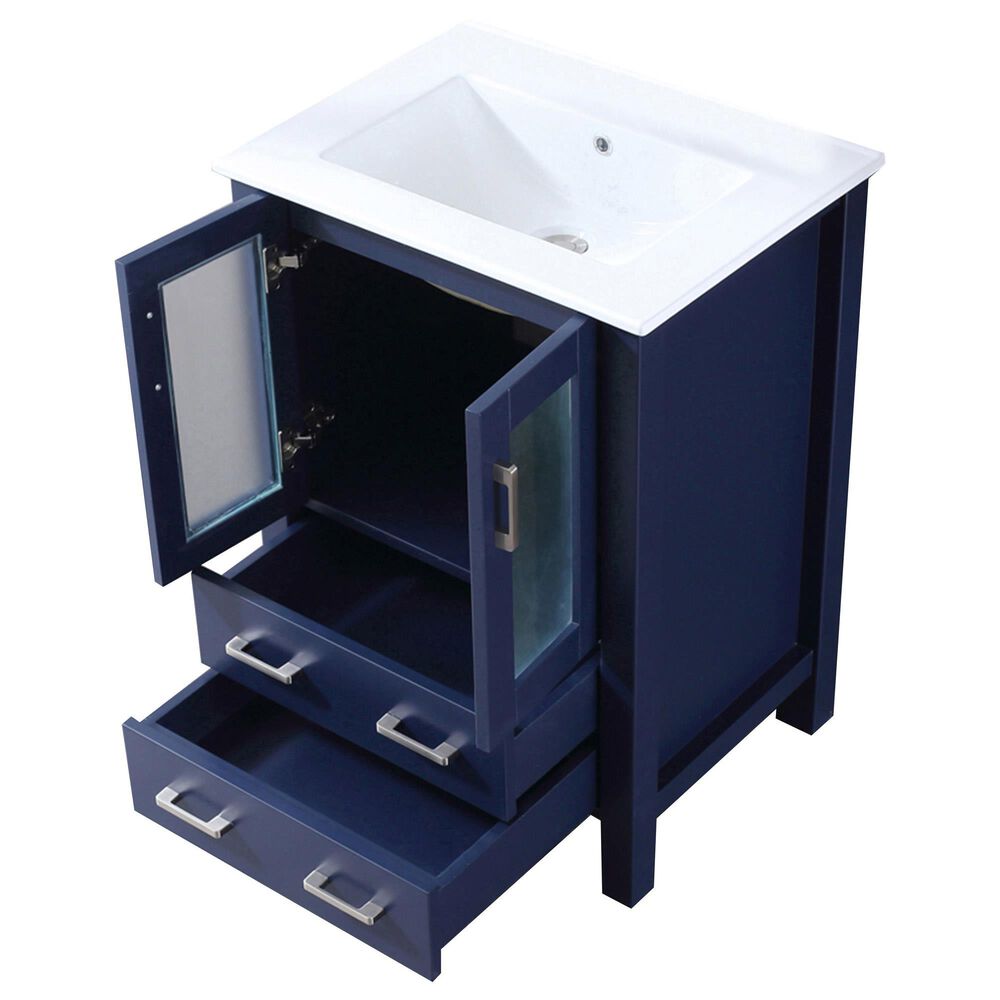 Lexora Home Volez 24&quot; Single Bathroom Vanity in Navy Blue with 2 cm White Ceramic Top and Rectangular Sink, , large