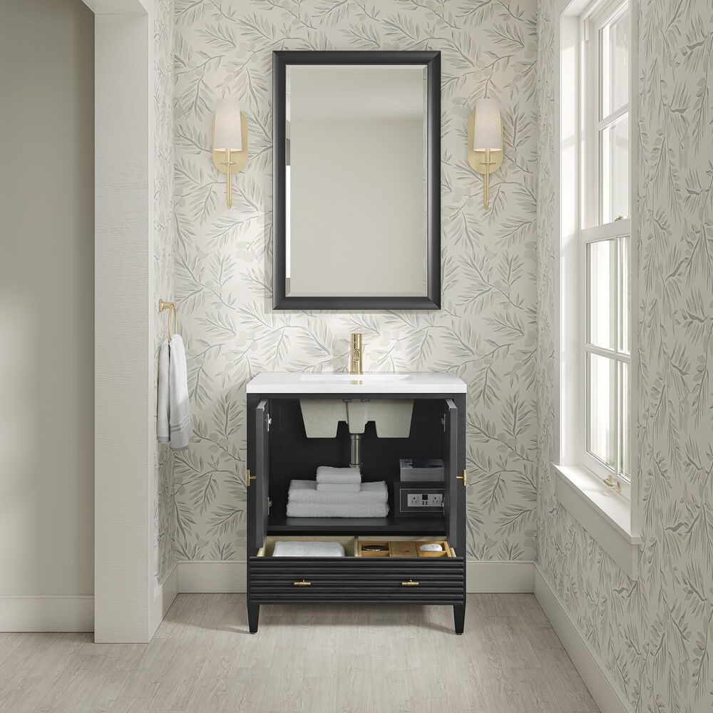 James Martin Myrrin 30" Single Bathroom Vanity in Carbon Oak with Single Hole 3 cm White Zeus Silestone Top and Rectangular Sink, , large