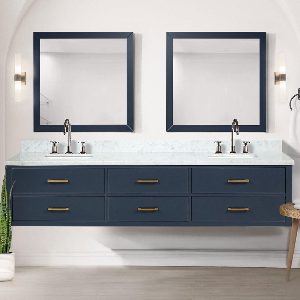 Lexora Home Castor 84&quot; Double Bathroom Vanity in Black with 2 cm White Carrara Marble Top and Rectangular Sinks, , large