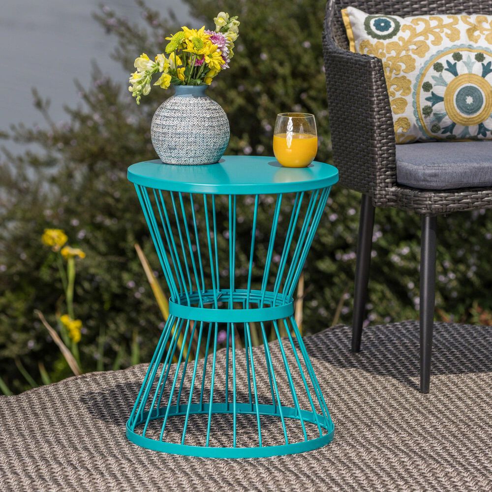 Hearth and Haven Outdoor Metal Hourglass Side Table with Open Cage Design in Teal, , large