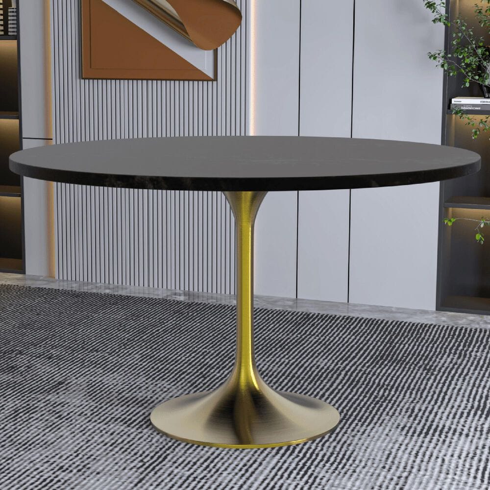 Leisuremod LeisureMod Verve Collection 48 Round Dining Table, Brushed Gold Base with Black MDF Top, , large