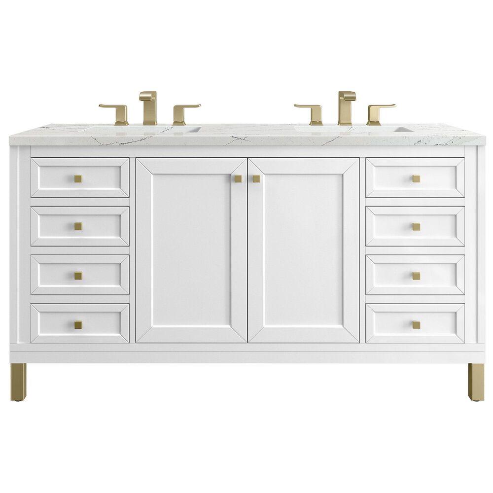James Martin Vanities Chicago 60" Double Bathroom Vanity in Glossy White with 3 cm Ethereal Noctis Quartz Top and Rectangular Sinks, , large