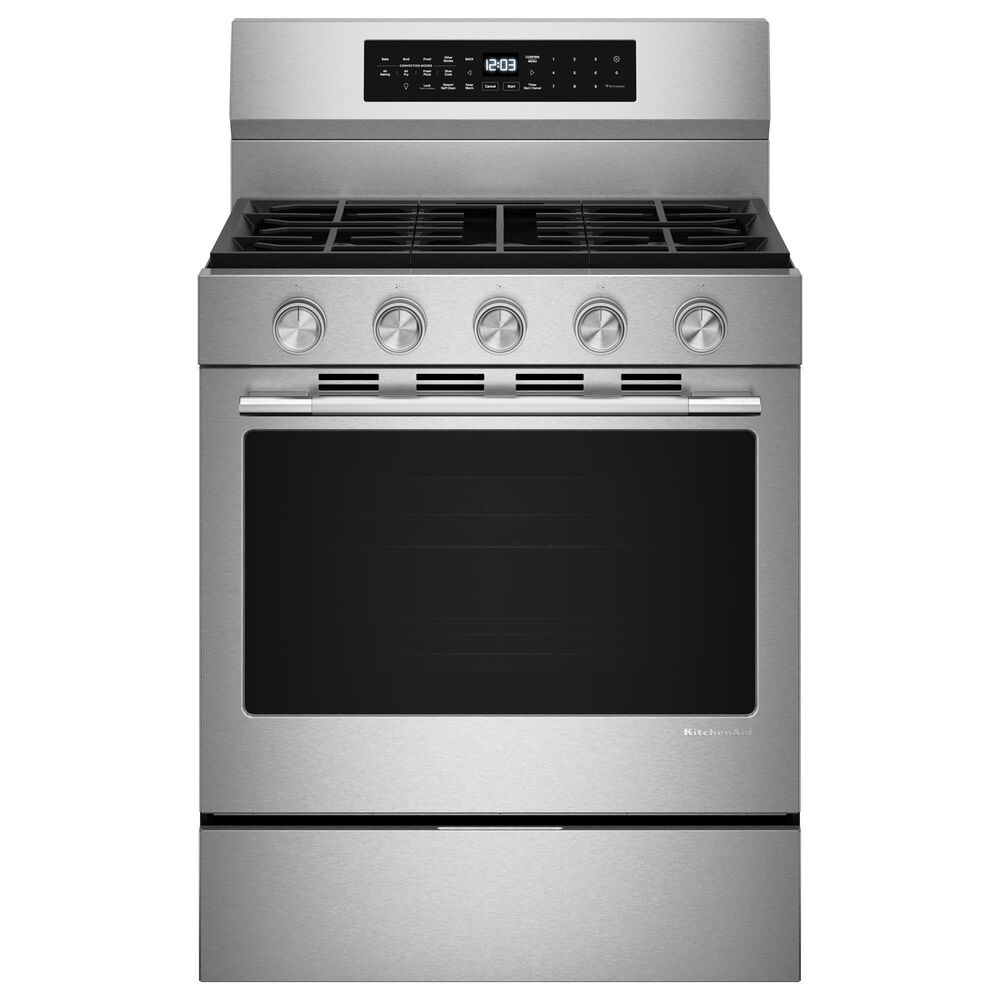 KitchenAid 2-Piece Kitchen Package with 30" Smart Freestanding Gas Range and 30" Over-the-Range Microwave Oven in PrintShield Stainless Steel, , large