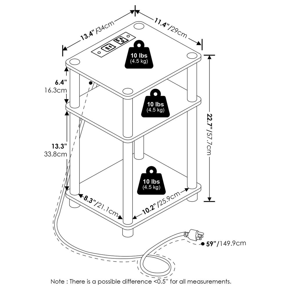 HOMLUX 3-Tier Turn-N-Tube End Table with Charging Station in White, , large