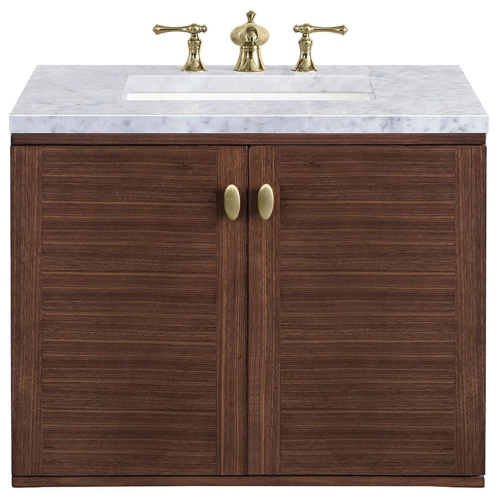 James Martin Vanities Amberly 30&quot; Single Bathroom Vanity in Walnut with 3 cm Carrara White Marble Top and Rectangular Sink, , large