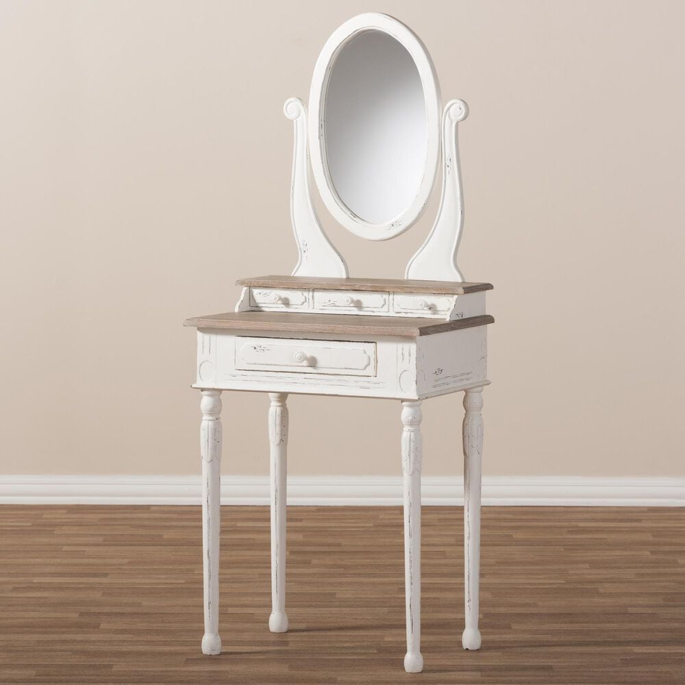 Baxton Studio Anjou Accent Dressing Table with Mirror in Distressed White and Light Brown, , large