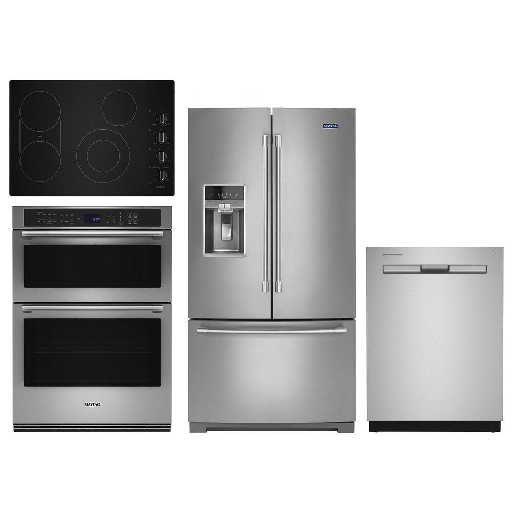 Maytag 4-Piece Kitchen Package with 36" French Door Refrigerator and Wall Oven Microwave in Stainless Steel, , large