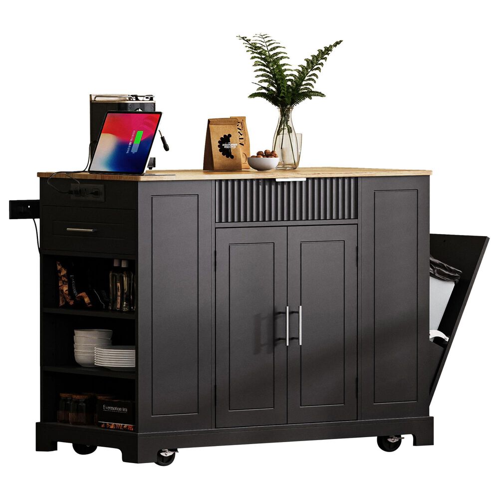 HOMLUX 47" Fluted Kitchen Island with Trash Can Storage Cabinet in Black and Natural, , large