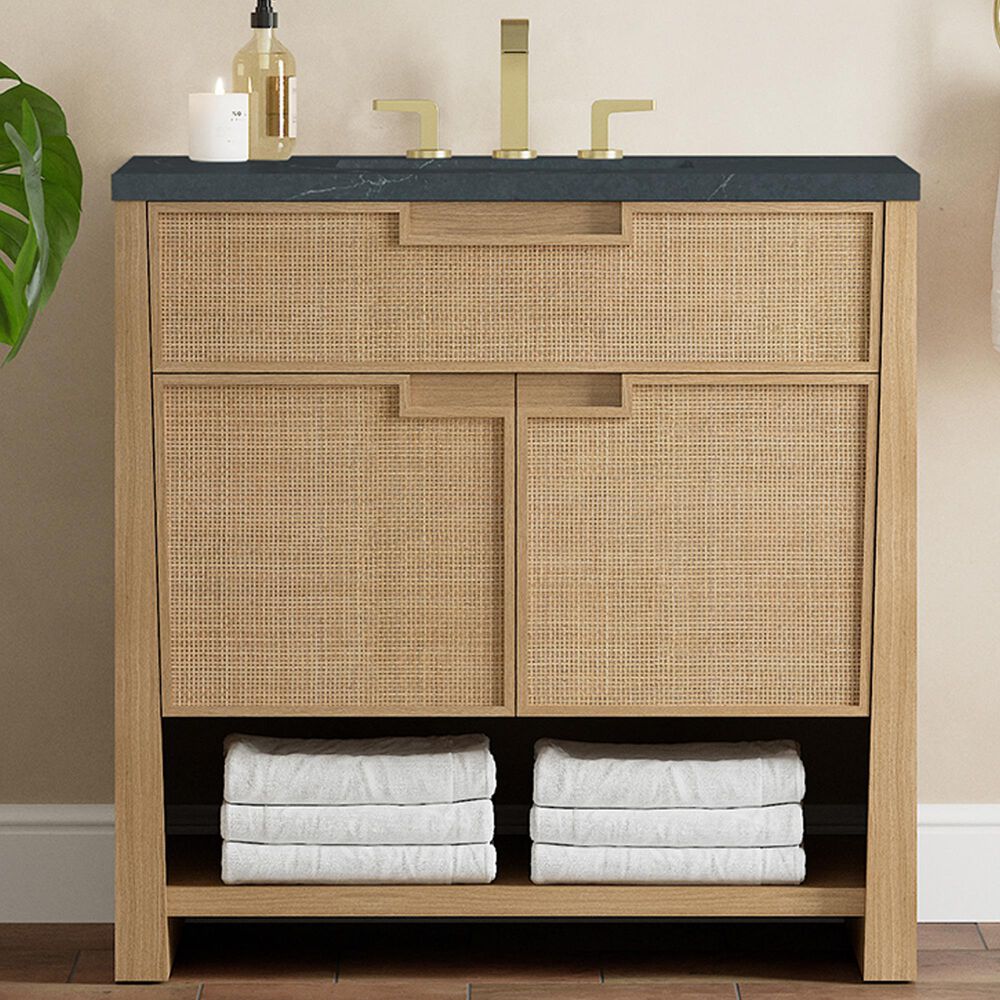 James Martin Vanities Solene 36&quot; Single Bathroom Vanity in Seaside Oak with 3 cm Charcoal Soapstone Quartz Top and Rectangular Sink, , large