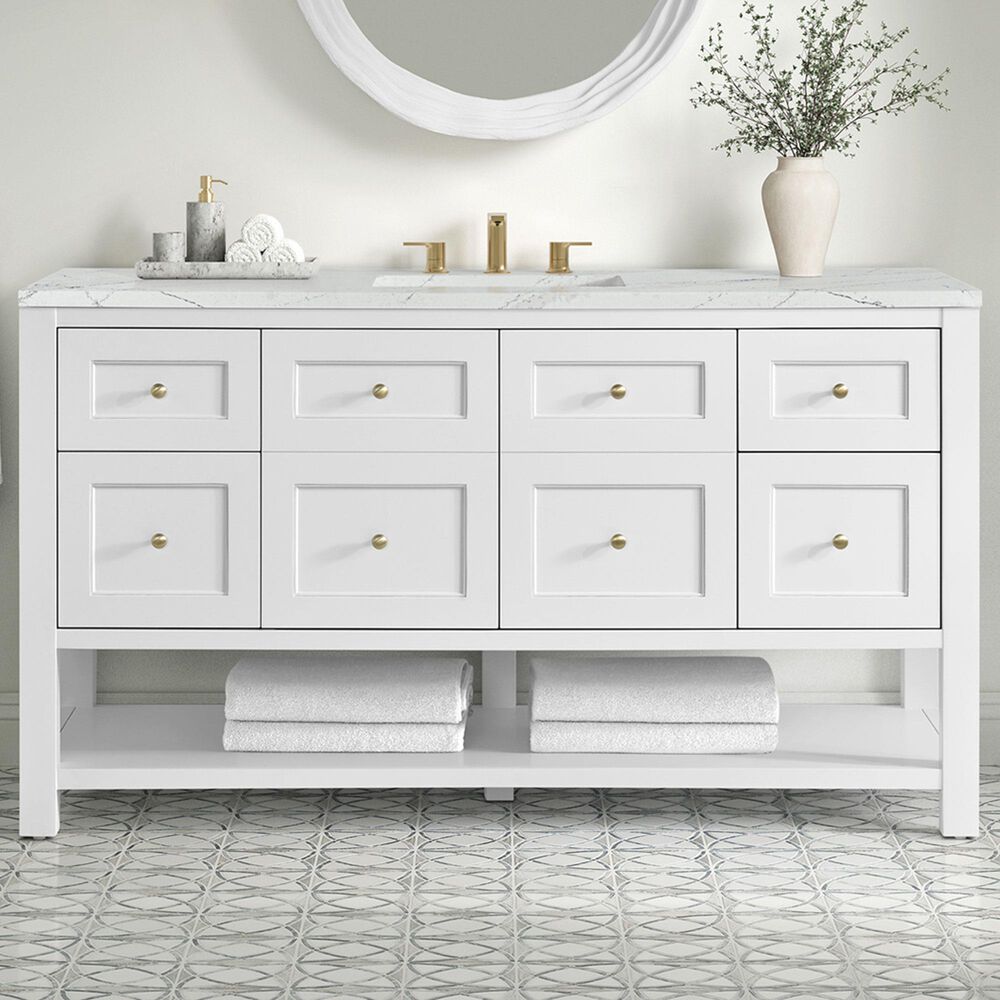 James Martin Vanities Breckenridge 60" Single Bathroom Vanity in Bright White with 3 cm Ethereal Noctis Quartz Top, Rectangular Sink and FreePower Wireless Charger, , large