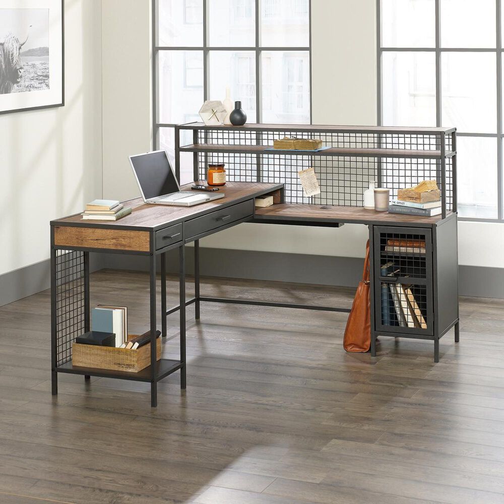 Two Person L Shaped Desk with Adjustable Shelves Vintage Dark Grey