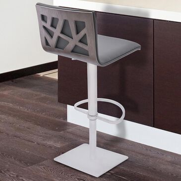 Blue River Crystal Adjustable Swivel Bar Stool in Gray Faux Leather, Stainless Steel and Gray Walnut Veneer, , large