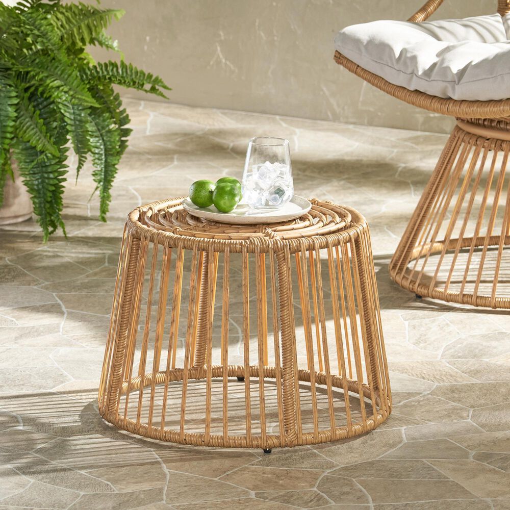 Hearth and Haven Elaine Outdoor Faux Rattan Side Table with Cage Frame Design in Light Brown, , large