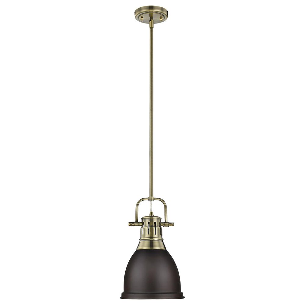 Golden Lighting Duncan 1-Light Small Pendant with Rod and Rubbed Bronze Shade in Aged Brass, , large