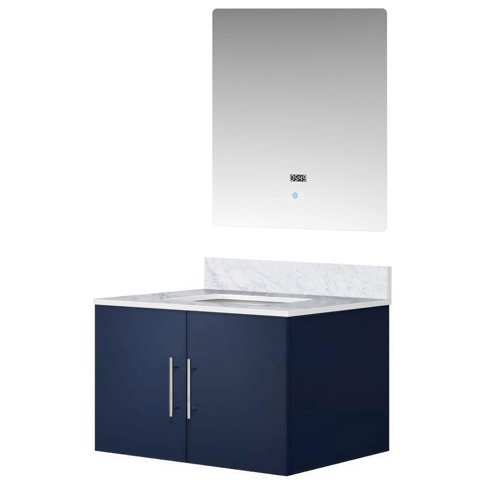 Lexora Home Geneva 30" Single Bathroom Vanity in Glossy White with 2 cm White Carrara Marble Top, Rectangular Sink and 30" LED Mirror, , large