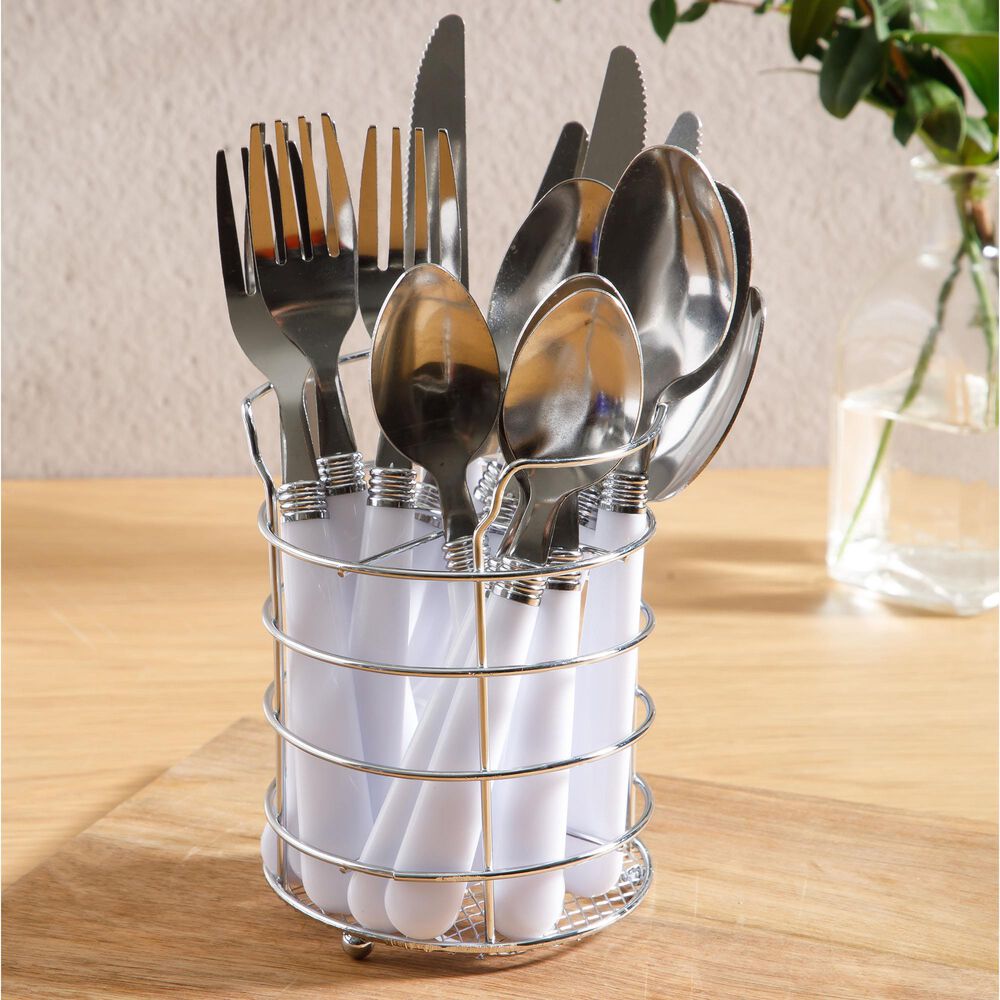 Gibson Homewares Sensations II 16-Piece Flatware Set with Chrome Wire Caddy in White, , large