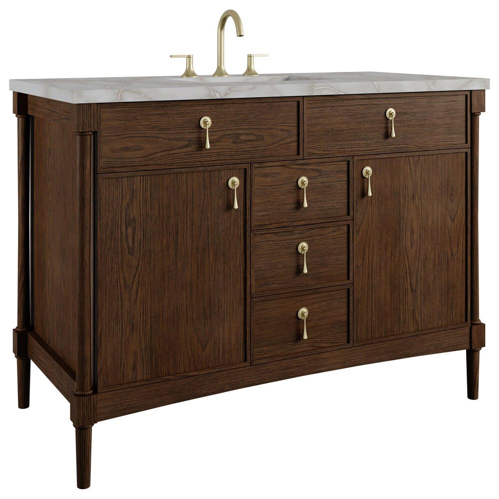 James Martin Kinnsden 48" Single Bathroom Vanity in Sable Oak with 3 cm Victorian Silver Silestone Top, Rectangular Sink and FreePower Wireless Charger, , large