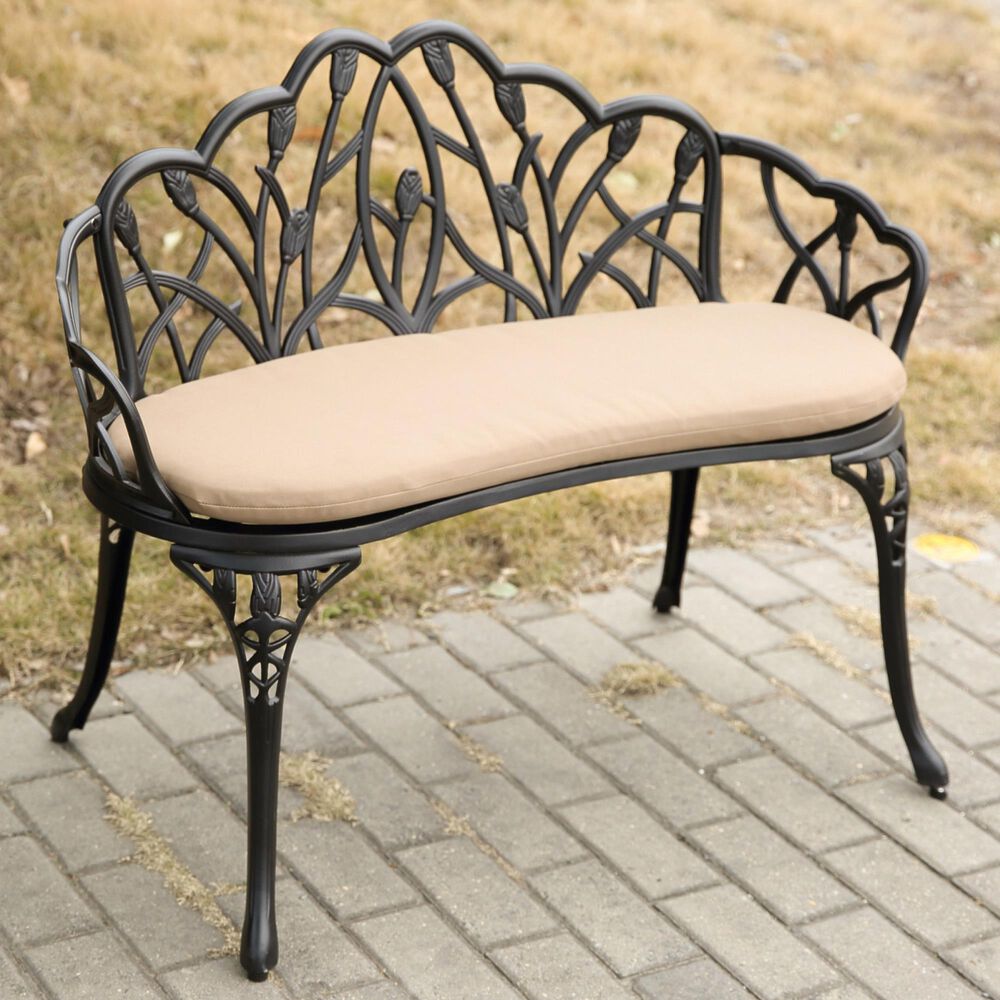 Hearth and Haven Outdoor Tulip Garden Bench with Brown Cushion in Black, , large