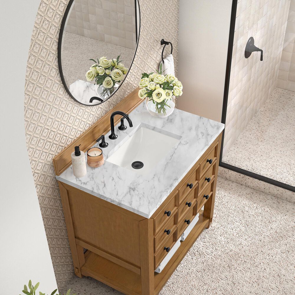 James Martin Vanities Malibu 36" Single Bathroom Vanity in Amber Birch with 3 cm Carrara White Marble Top and Rectangular Sink, , large