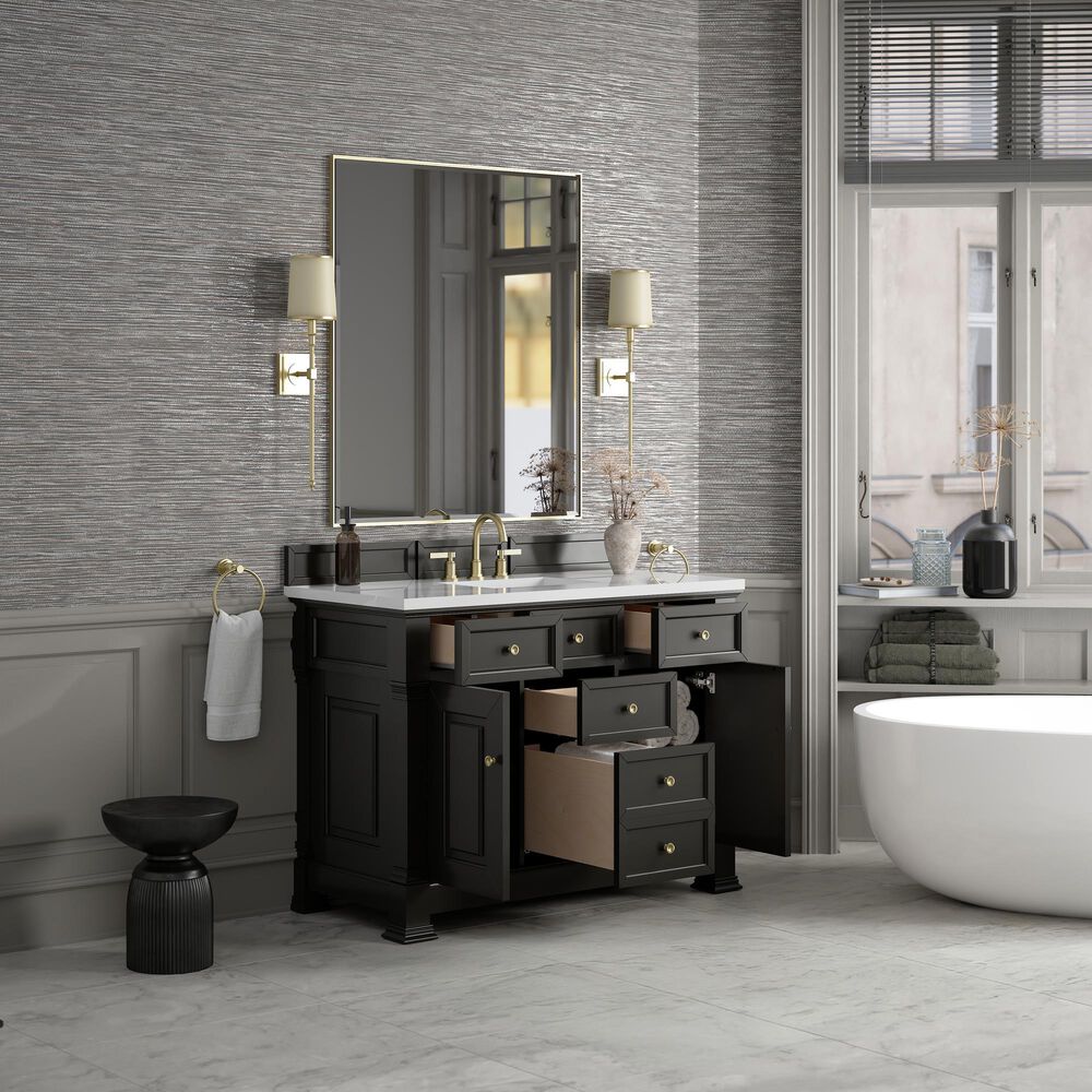 James Martin Vanities Brookfield 48" Single Bathroom Vanity in Black Onyx with 3 cm White Zeus Quartz Top and Rectangular Sink, , large
