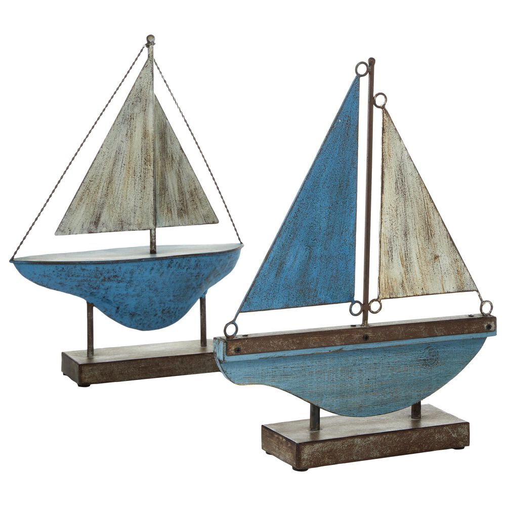 Maple and Jade Coastal Sail Boat Sculpture in Blue and White (Set of 2), , large