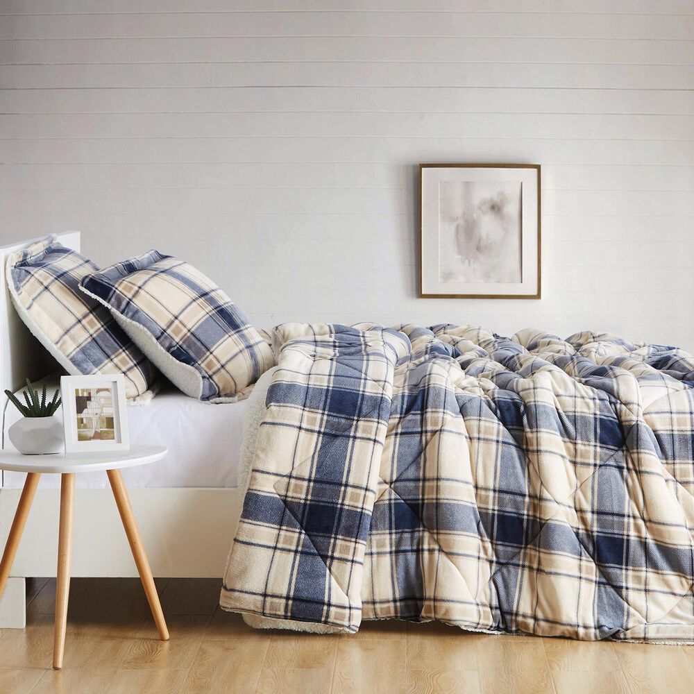Pem America Truly Soft Cuddle Warmth 3-Piece Full/Queen Comforter Set in Blue and Cream Plaid, , large