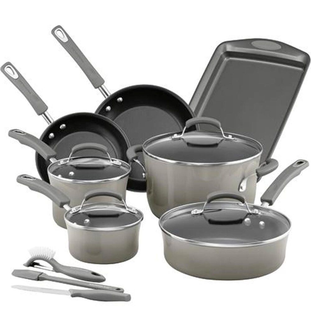Rachael Ray 14-Piece Porcelain Enamel Cookware Set in Sea Salt Gray , , large