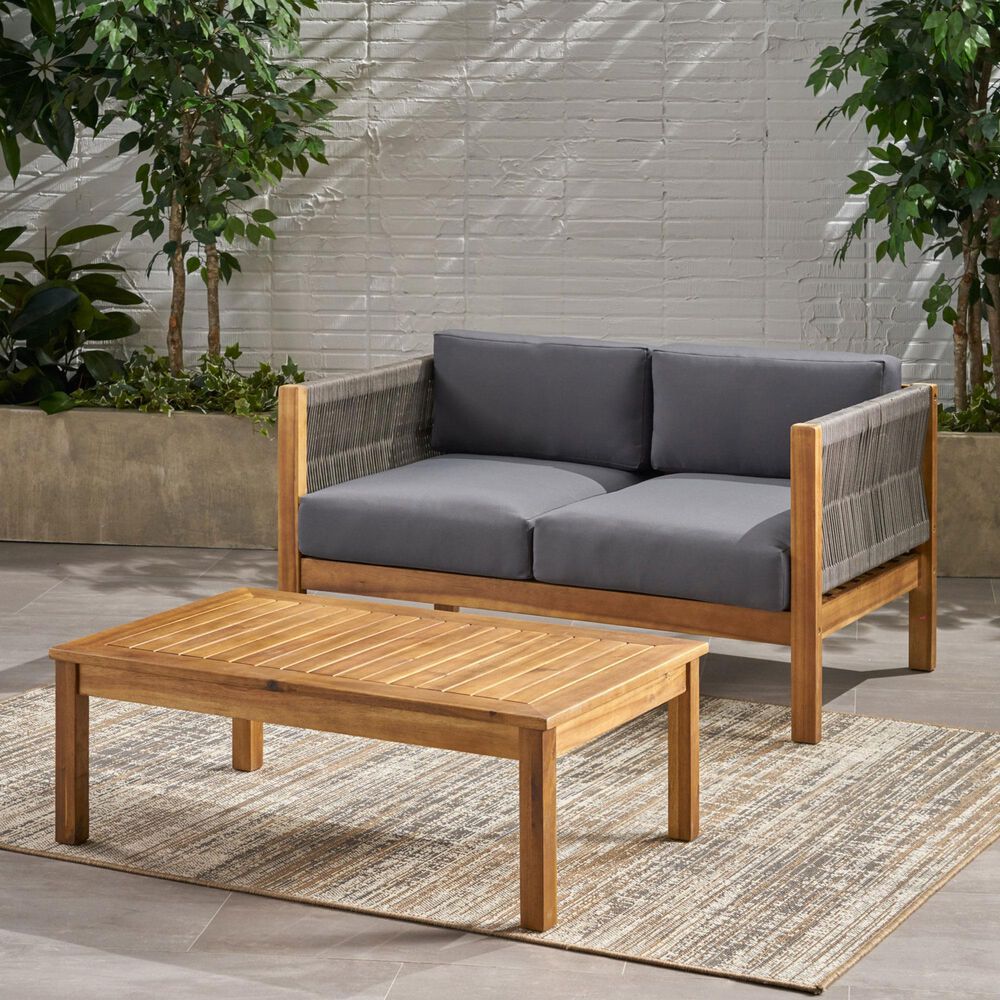 Hearth and Haven Laurel 2-Piece Patio Conversation Set with Gray Cushion in Teak, , large