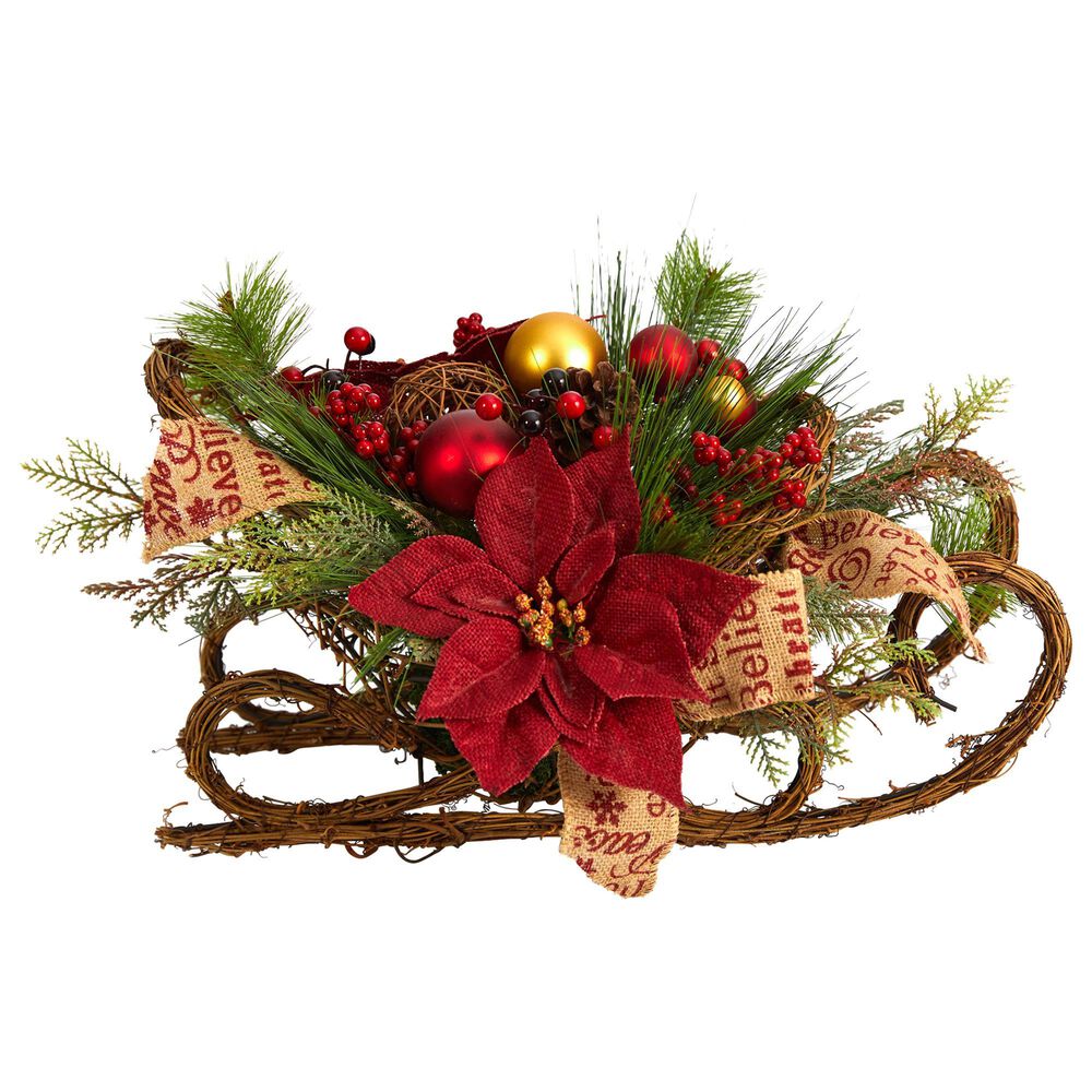 Nearly Natural Inc 18in. Christmas Sleigh with Poinsettia, Berries and Pinecone Artificial Arrangement with Ornaments, , large