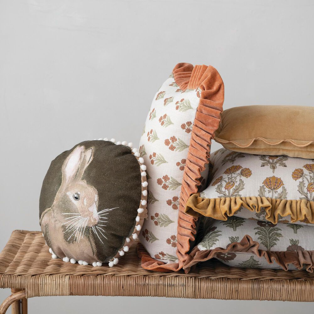 Creative Coop Cozy 18" Square Floral Throw Pillow with Mustard Velvet Ruffle in Multicolor, , large