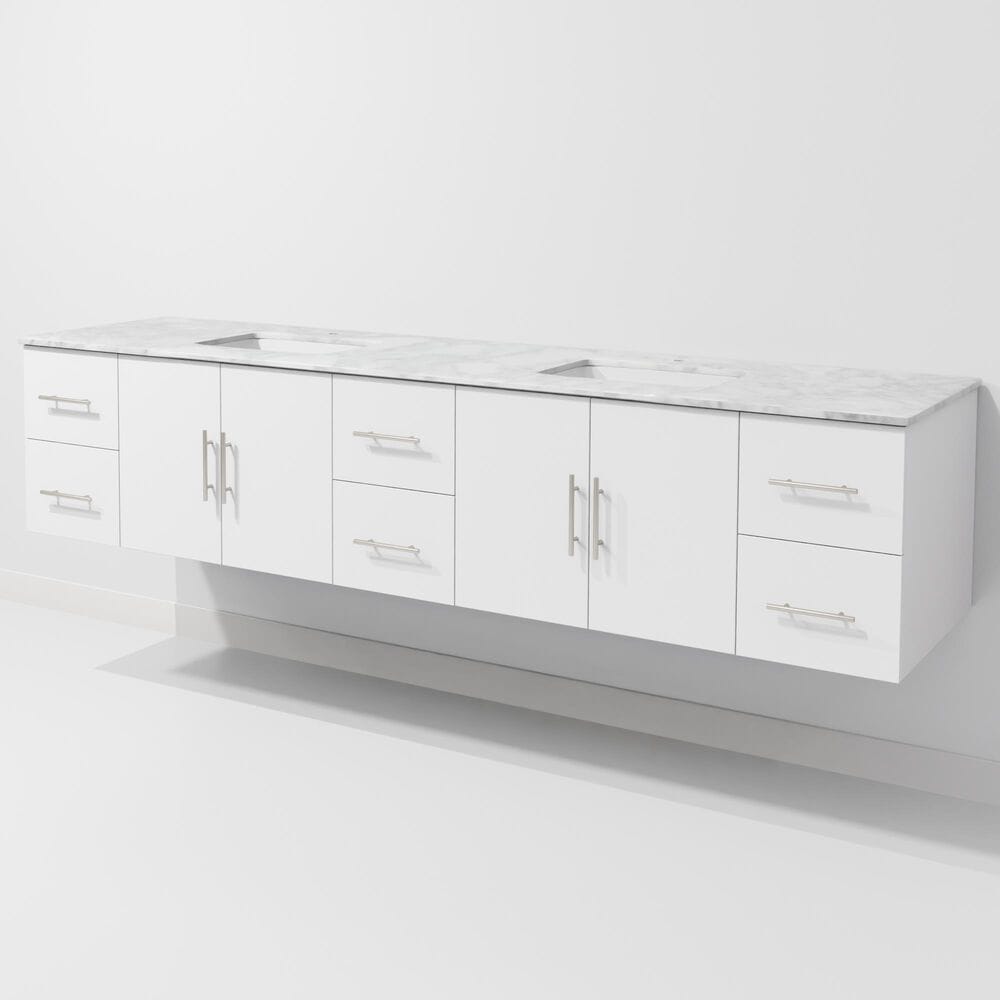 Lexora Home Geneva 84" Double Bathroom Vanity in Glossy White with 2 cm White Carrara Marble Top and Rectangular Sinks, , large