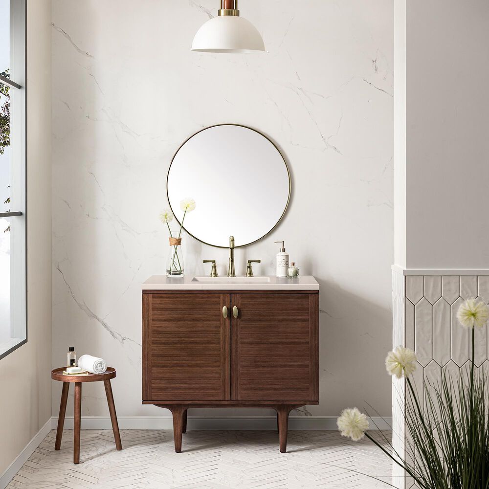 James Martin Vanities Amberly 36&quot; Single Bathroom Vanity in Walnut with 3 cm Eternal Marfil Quartz Top and Rectangular Sink, , large